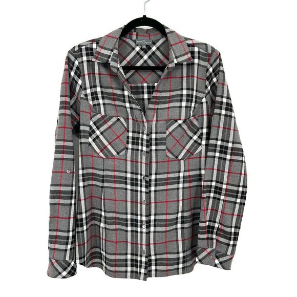 MARKET & SPRUCE Women's Gray Red Plaid Long Sleeve Button Up Shirt Size Medium - Picture 1 of 6